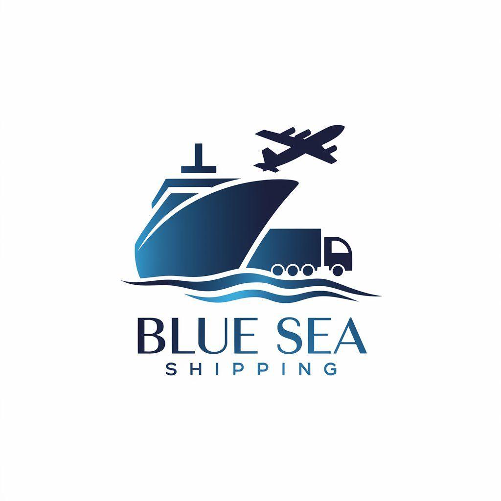 Logo of Blue Sea Shipping featuring a ship, a truck, and an airplane above waves.