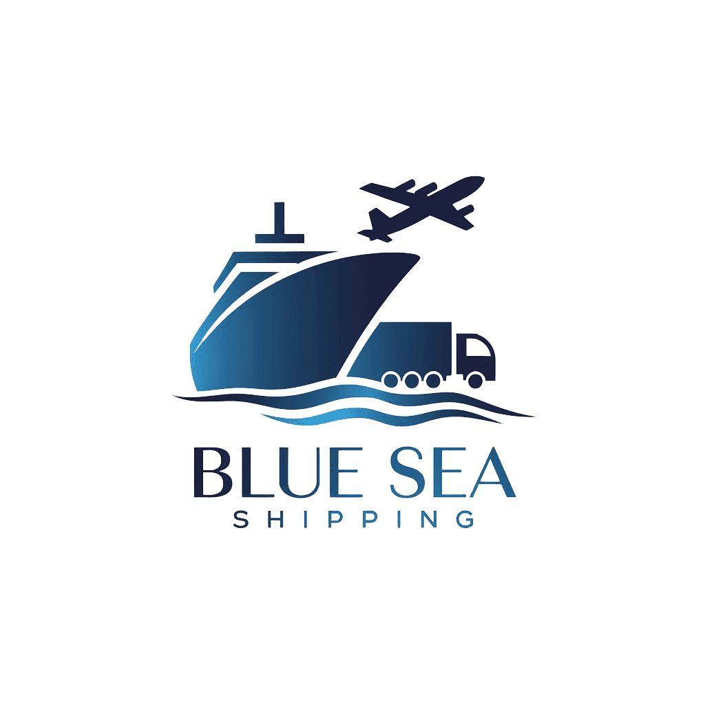 Logo of Blue Sea Shipping featuring a ship, truck, and airplane icon above the company's name.