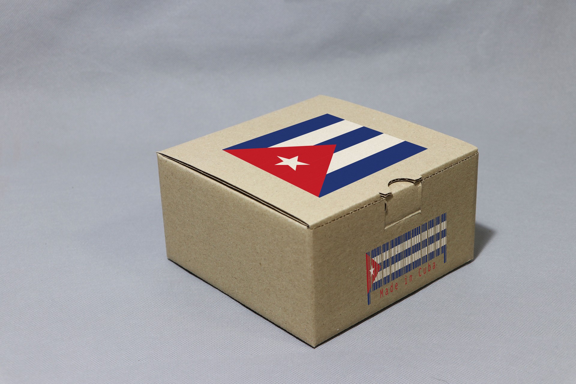 Cuba flag on brown box with barcode and the color of nation flag, paper packaging for put products.